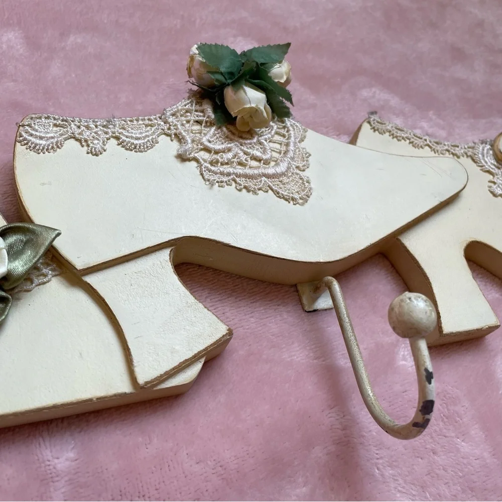 Vintage High Heels Wall Hooks Cream Color with Lace and Silk Roses Distressed